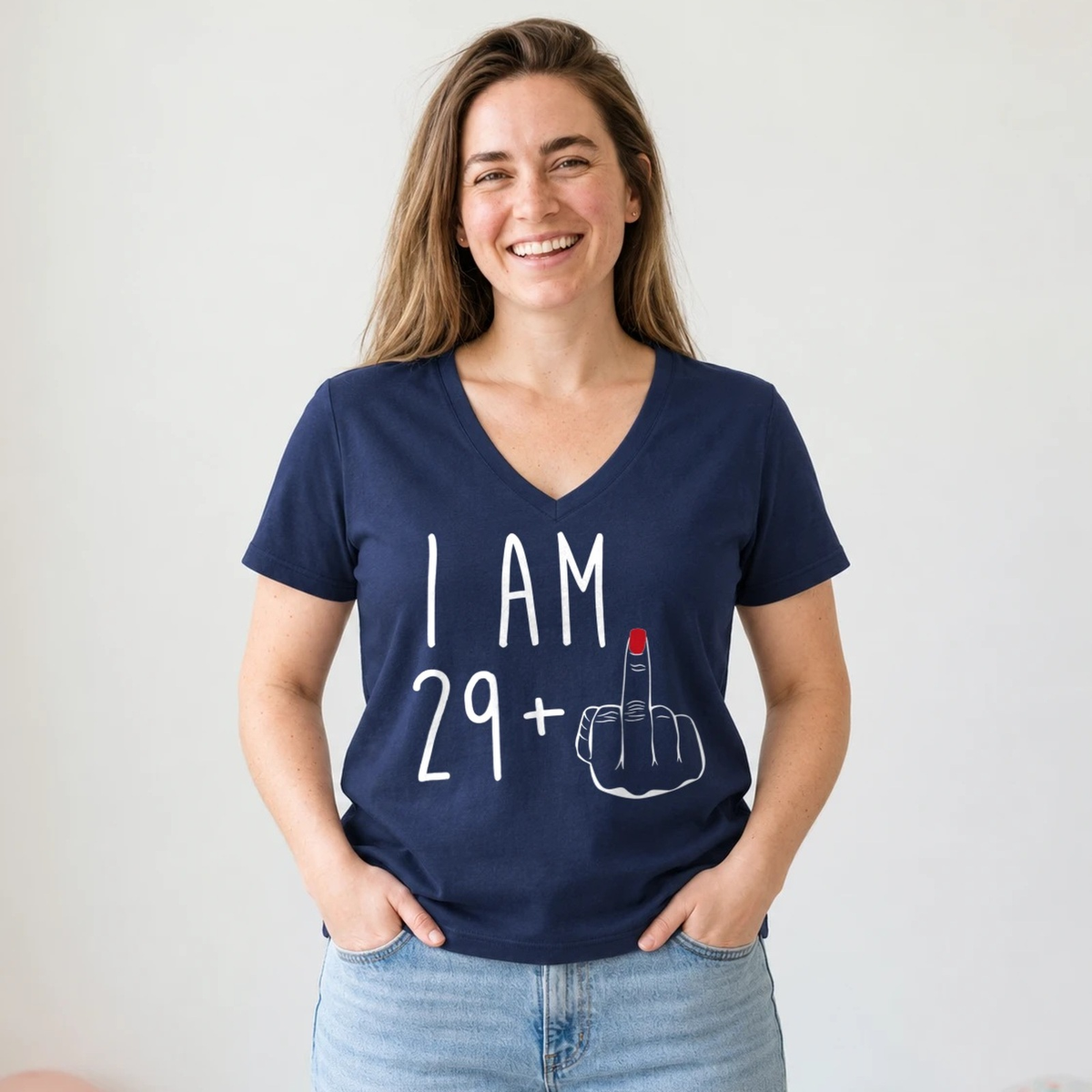 I Am 29 + Middle Finger - Funny 30th Birthday T-Shirt for Women - Navy Blue V-Neck