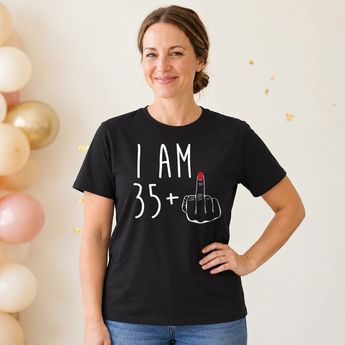 I Am 35 + Middle Finger - Funny 36th Birthday T-Shirt for Women - Black Round Neck