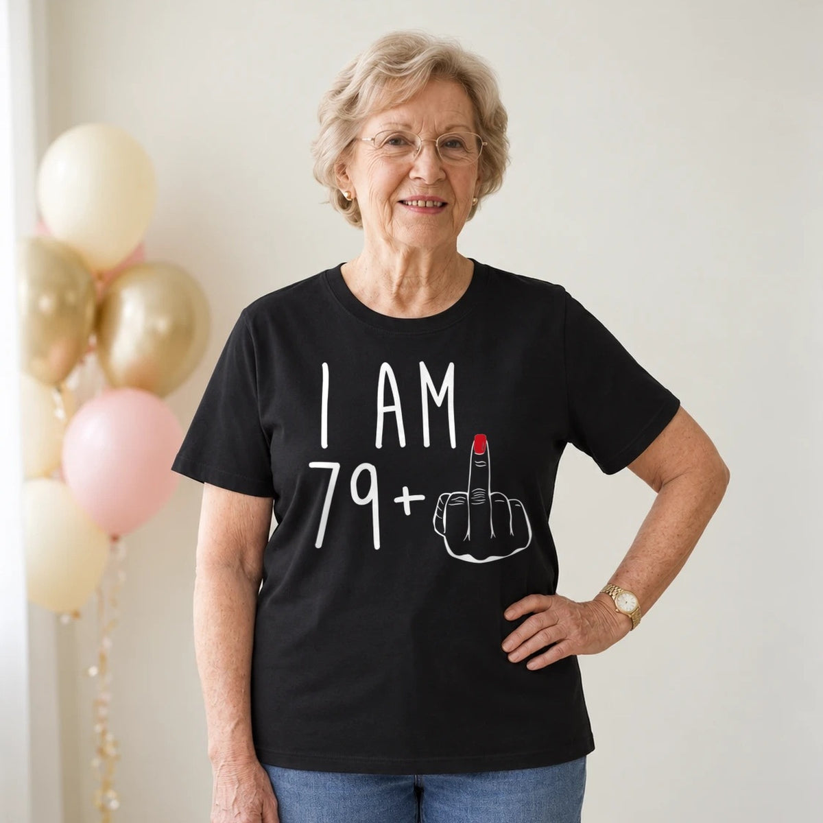 I Am 79 + Middle Finger - Funny 80th Birthday T-Shirt for Women - Black Round Neck