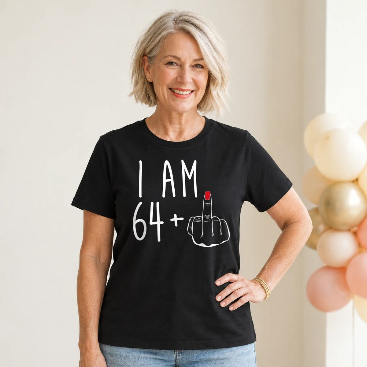 I Am 64 + Middle Finger - Funny 65th Birthday T-Shirt for Women - Black Round Neck