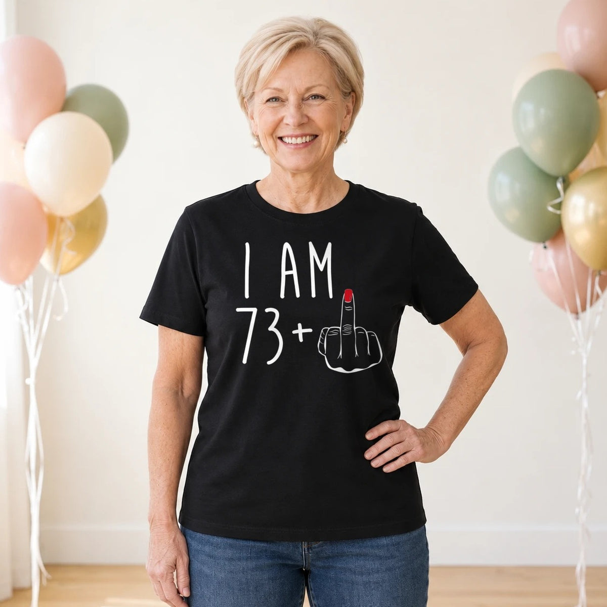 I Am 73 + Middle Finger - Funny 74th Birthday T-Shirt for Women - Black Round Neck