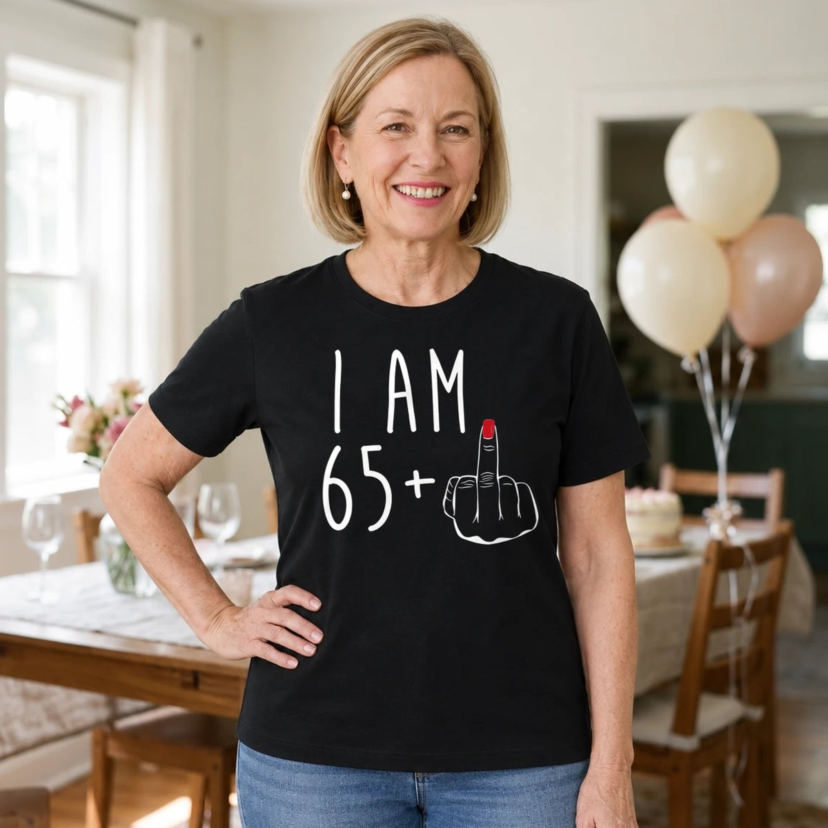I Am 65 + Middle Finger - Funny 66th Birthday T-Shirt for Women - Black Round Neck