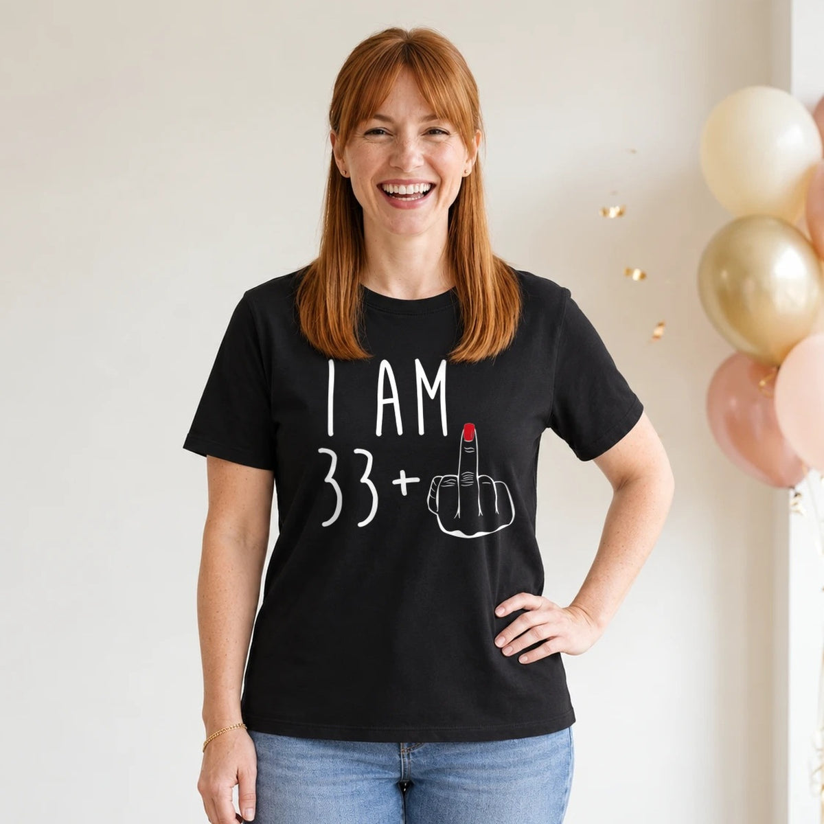 I Am 33 + Middle Finger - Funny 34th Birthday T-Shirt for Women - Black Round Neck