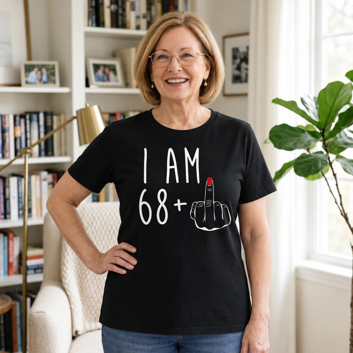I Am 68 + Middle Finger - Funny 69th Birthday T-Shirt for Women - Black Round Neck