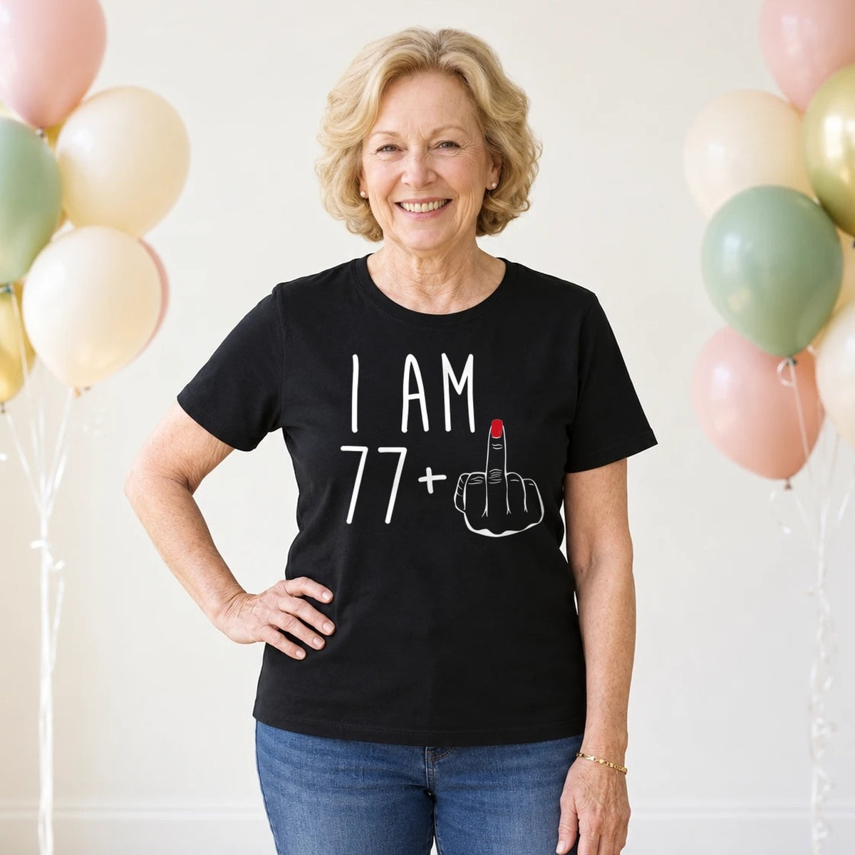 I Am 77 + Middle Finger - Funny 78th Birthday T-Shirt for Women - Black Round Neck