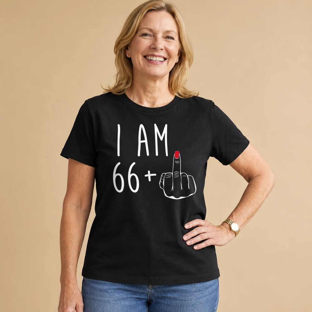 I Am 66 + Middle Finger - Funny 67th Birthday T-Shirt for Women - Black Round Neck