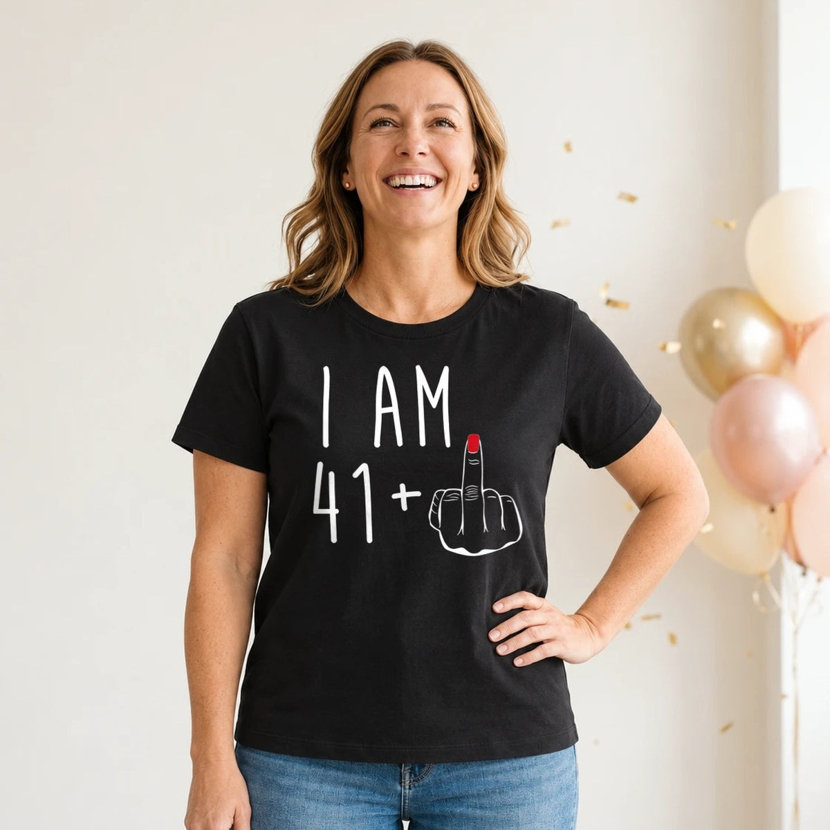 I Am 41 + Middle Finger - Funny 42nd Birthday T-Shirt for Women - Black Round Neck