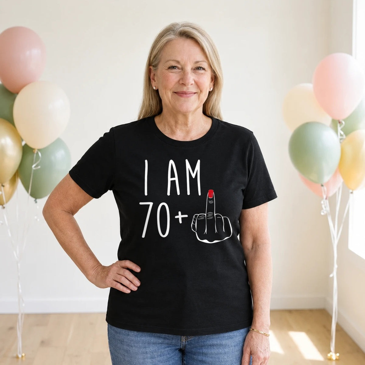 I Am 70 + Middle Finger - Funny 71st Birthday T-Shirt for Women - Black Round Neck