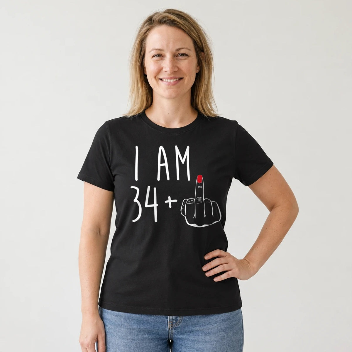 I Am 34 + Middle Finger - Funny 35th Birthday T-Shirt for Women - Black Round Neck
