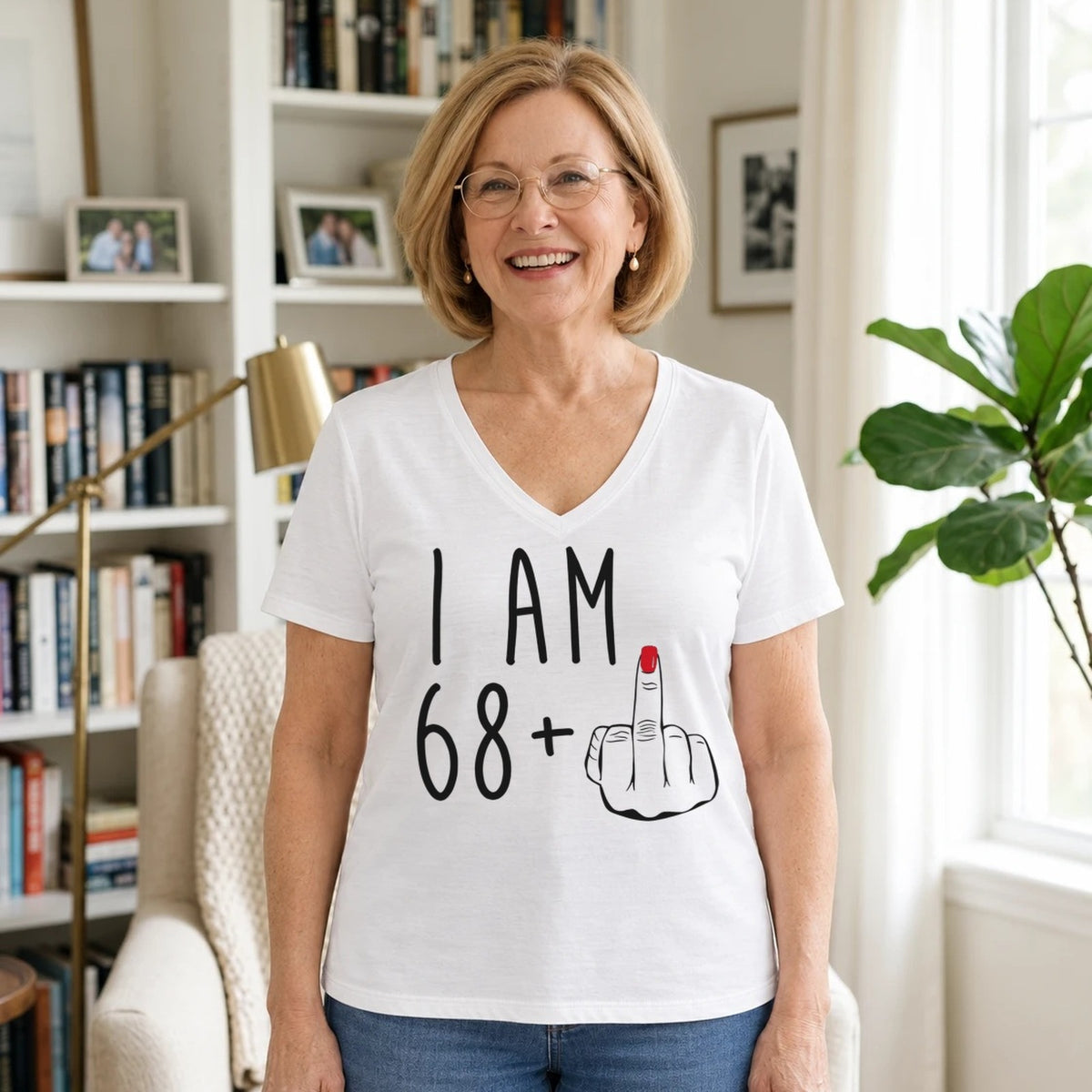 I Am 68 + Middle Finger - Funny 69th Birthday T-Shirt for Women - White V-Neck