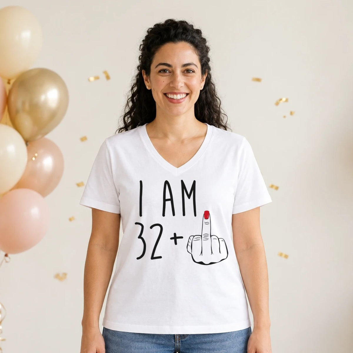 I Am 32 + Middle Finger - Funny 33rd Birthday T-Shirt for Women - White V-Neck