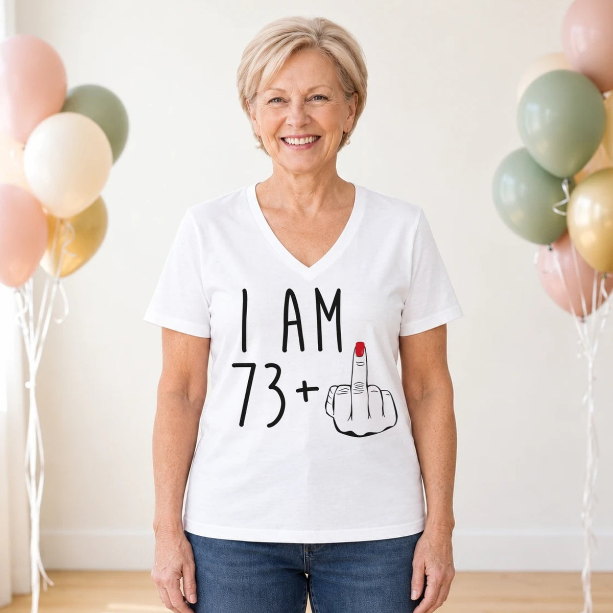 I Am 73 + Middle Finger - Funny 74th Birthday T-Shirt for Women - White V-Neck