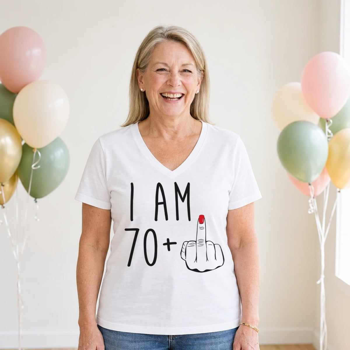I Am 70 + Middle Finger - Funny 71st Birthday T-Shirt for Women - White V-Neck
