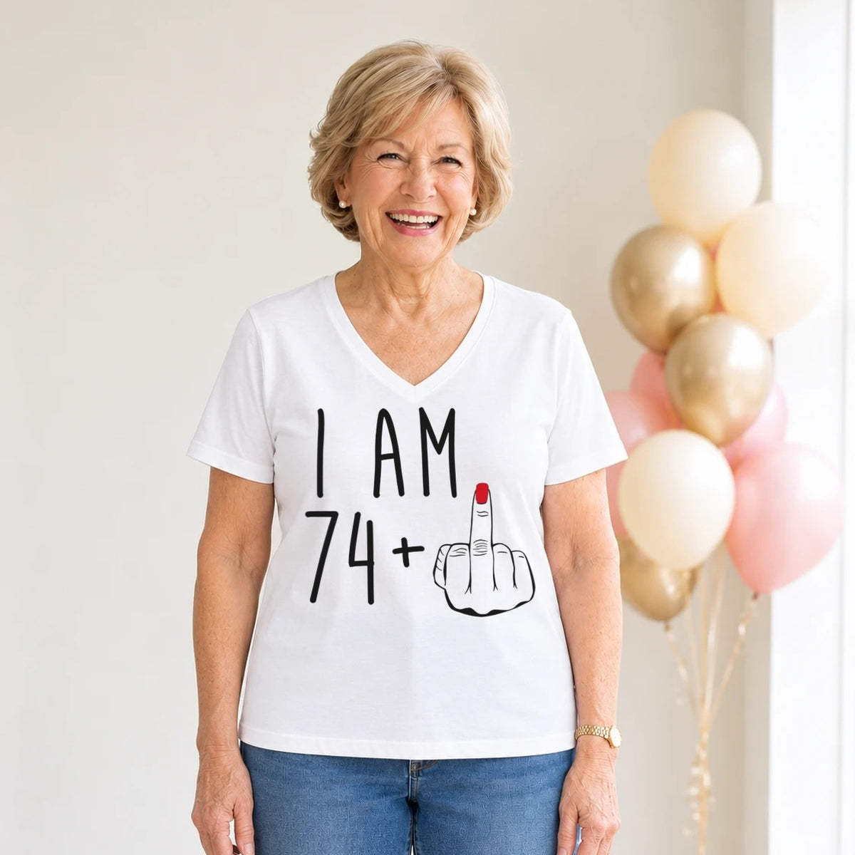 I Am 74 + Middle Finger - Funny 75th Birthday T-Shirt for Women - White V-Neck