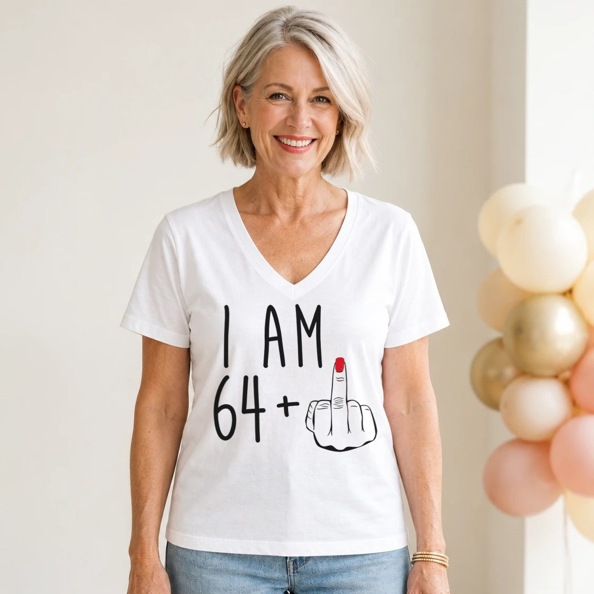 I Am 64 + Middle Finger - Funny 65th Birthday T-Shirt for Women - White V-Neck