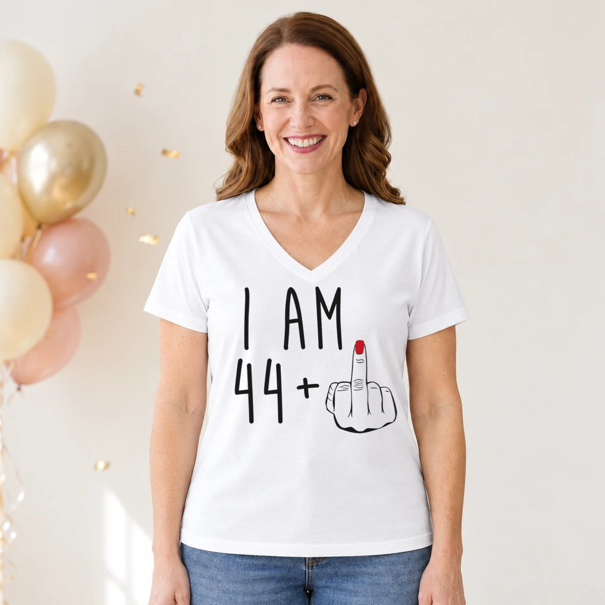I Am 44 + Middle Finger - Funny 45th Birthday T-Shirt for Women - White V-Neck
