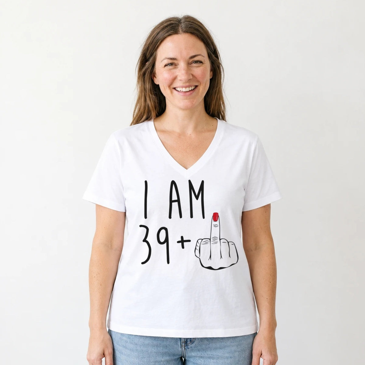 I Am 39 + Middle Finger - Funny 40th Birthday T-Shirt for Women - White V-Neck
