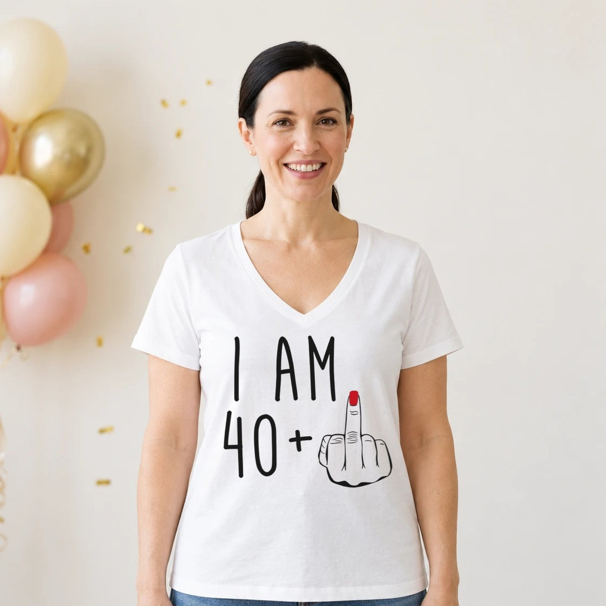 I Am 40 + Middle Finger - Funny 41st Birthday T-Shirt for Women - White V-Neck