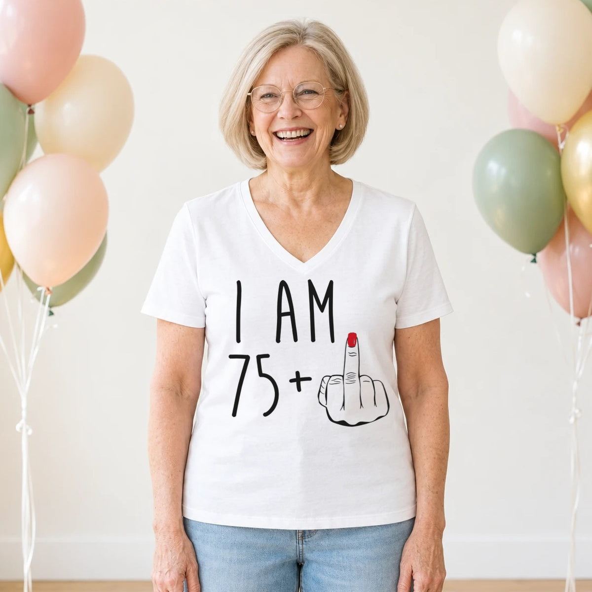 I Am 75 + Middle Finger - Funny 76th Birthday T-Shirt for Women - White V-Neck