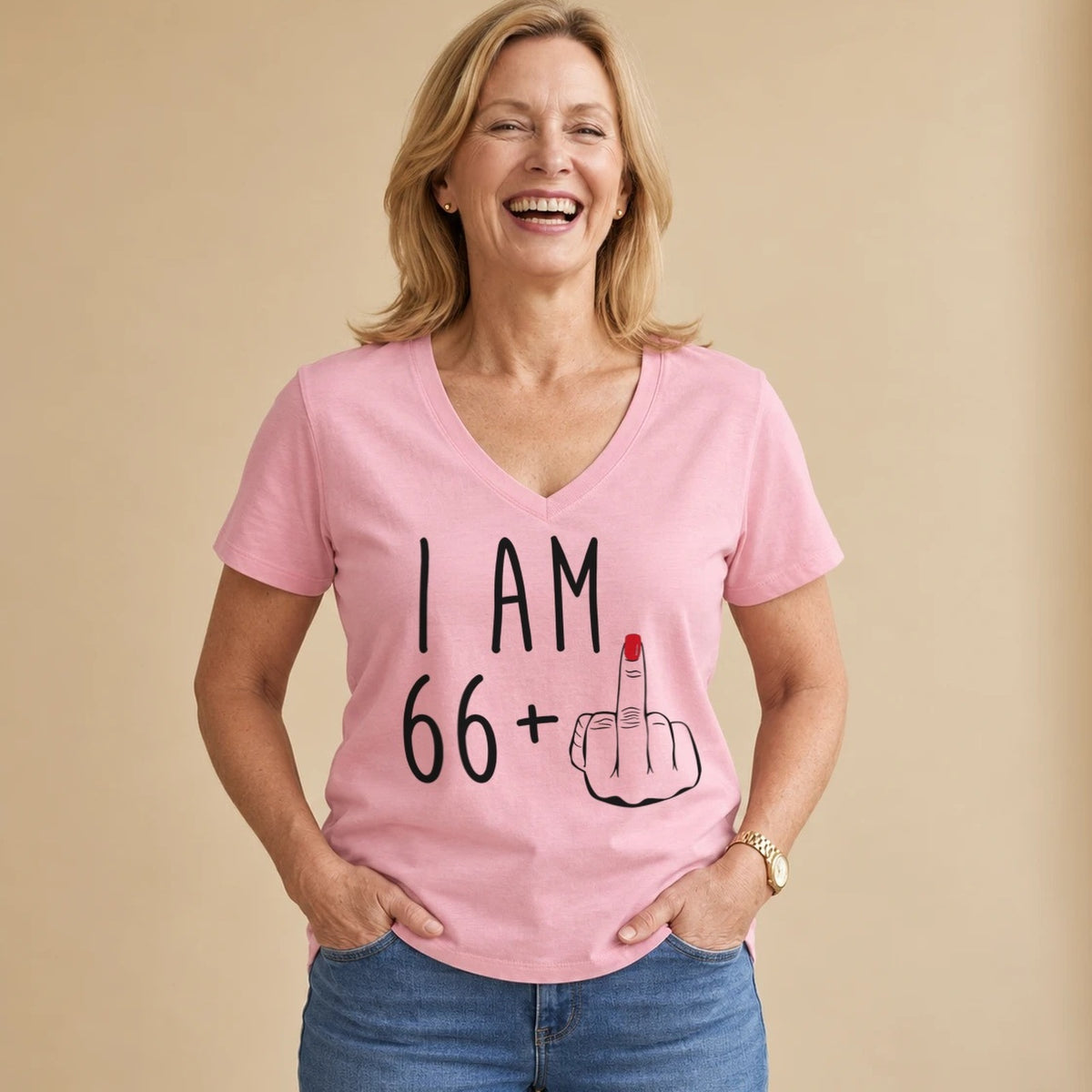 I Am 66 + Middle Finger - Funny 67th Birthday T-Shirt for Women - Blush Pink V-Neck