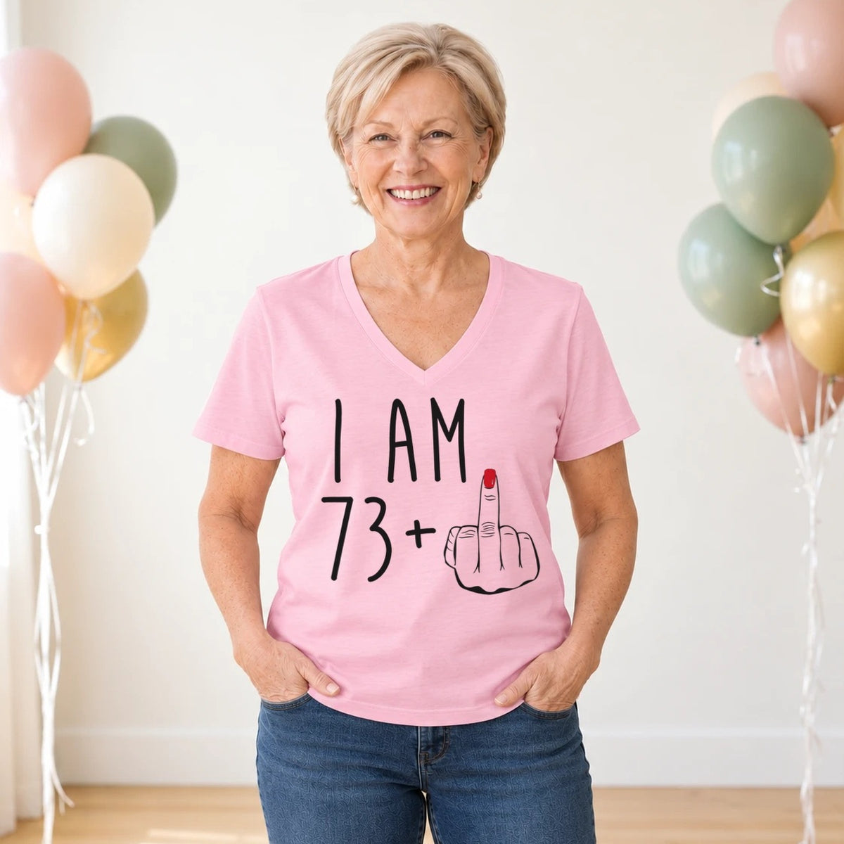 I Am 73 + Middle Finger - Funny 74th Birthday T-Shirt for Women - Blush Pink V-Neck