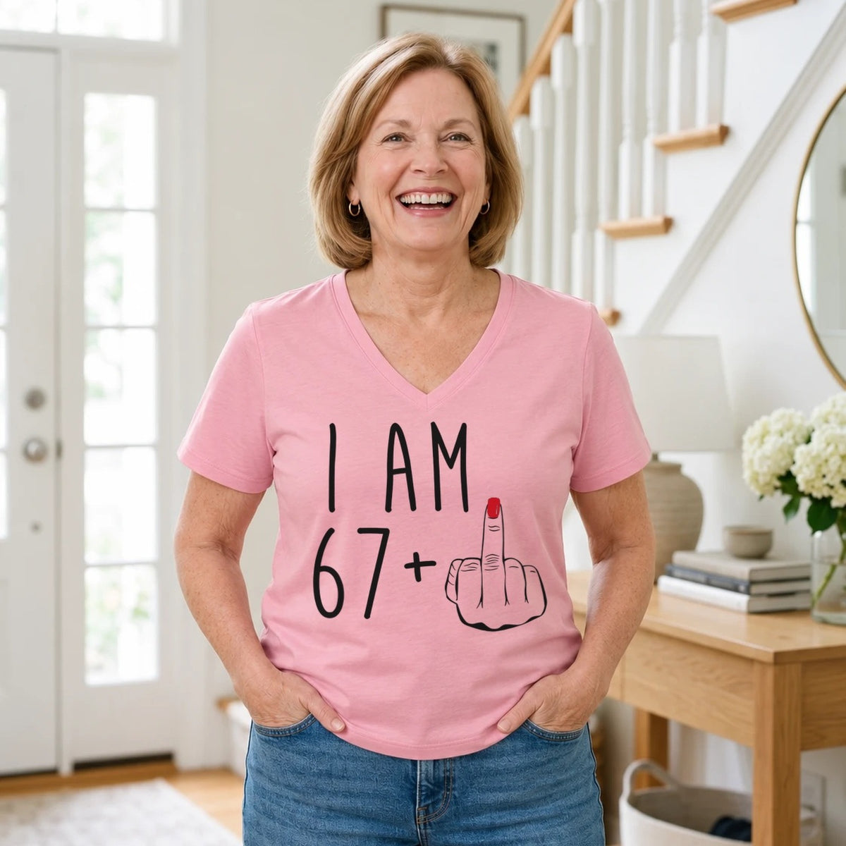 I Am 67 + Middle Finger - Funny 68th Birthday T-Shirt for Women - Blush Pink V-Neck