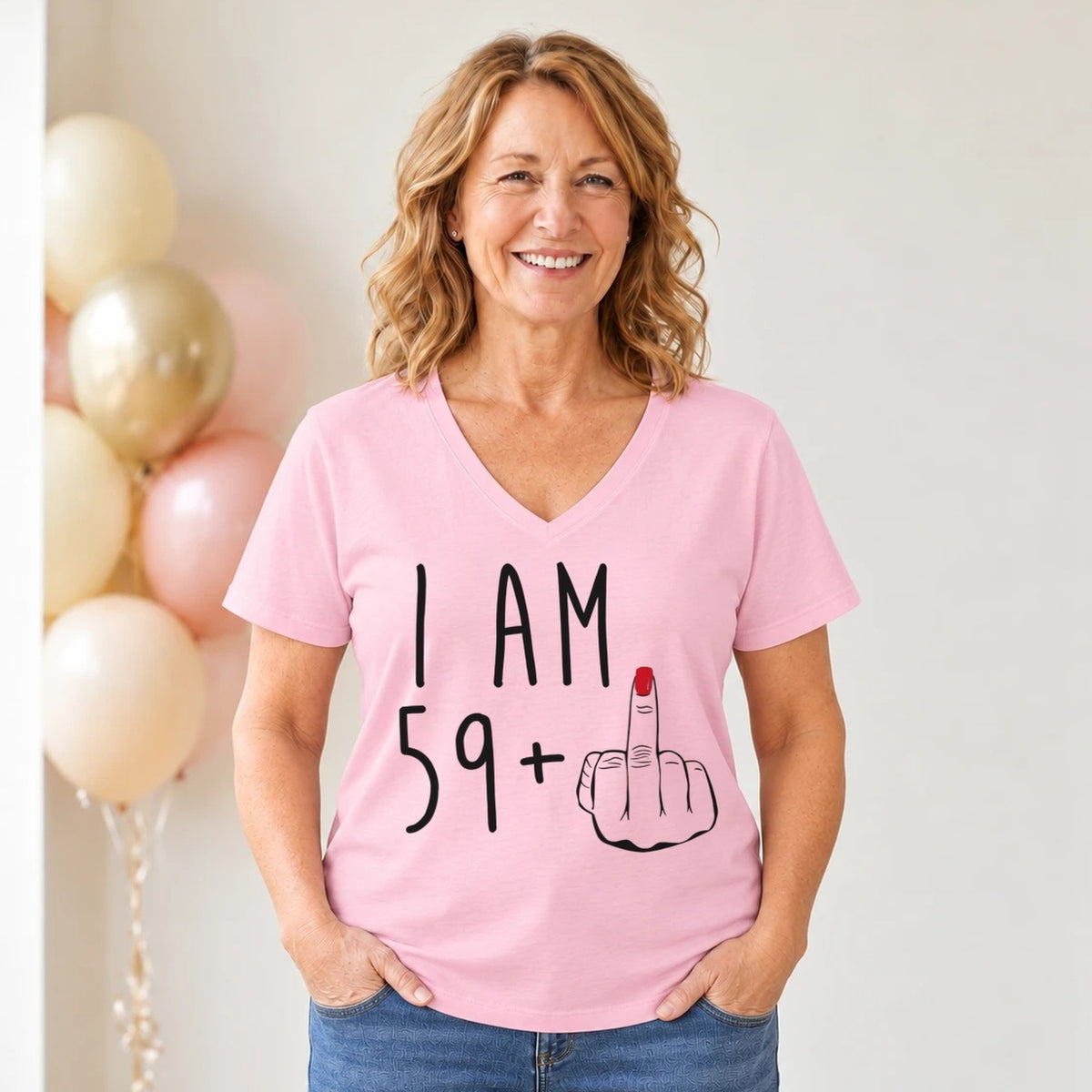I Am 59 + Middle Finger - Funny 60th Birthday T-Shirt for Women - Blush Pink V-Neck