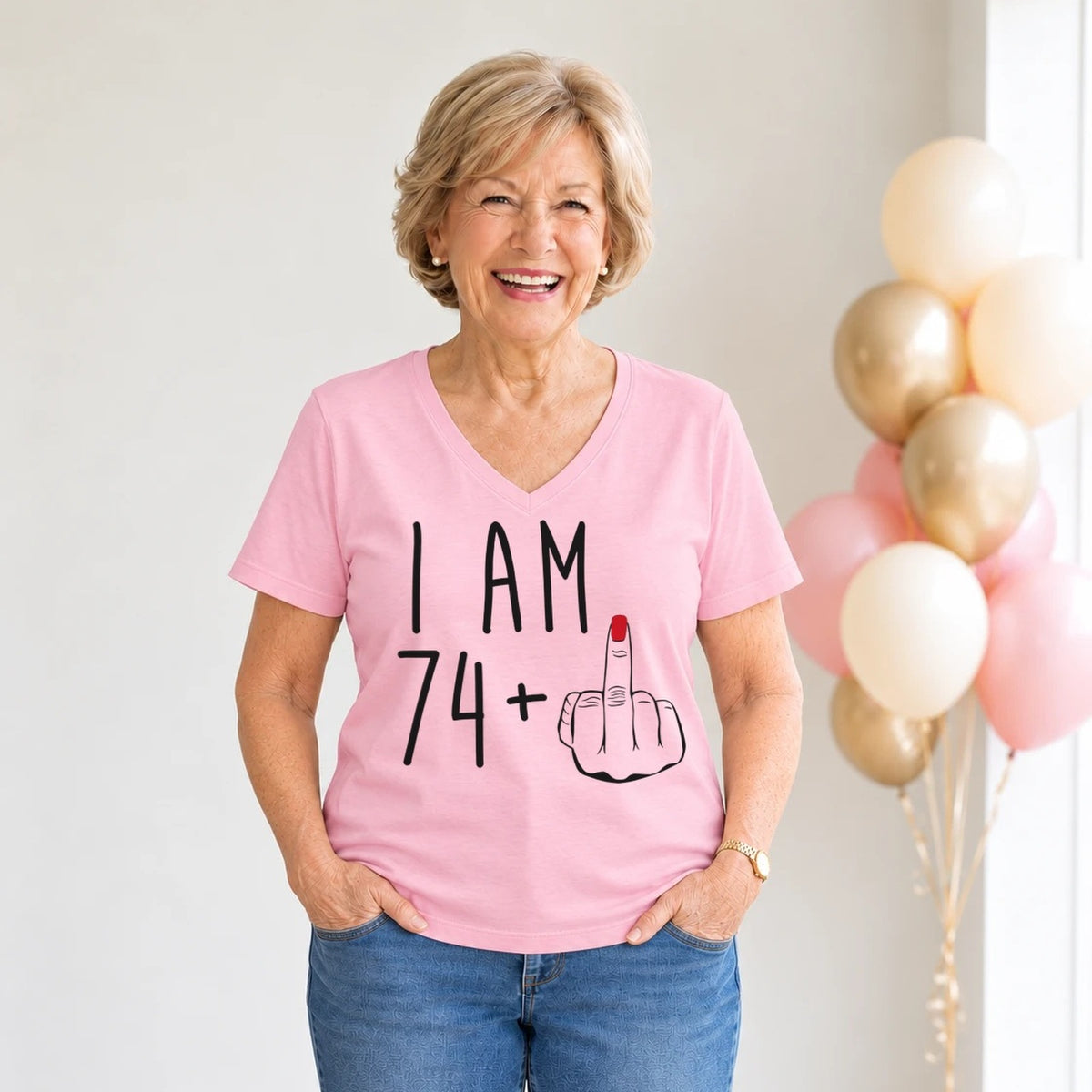 I Am 74 + Middle Finger - Funny 75th Birthday T-Shirt for Women - Blush Pink V-Neck