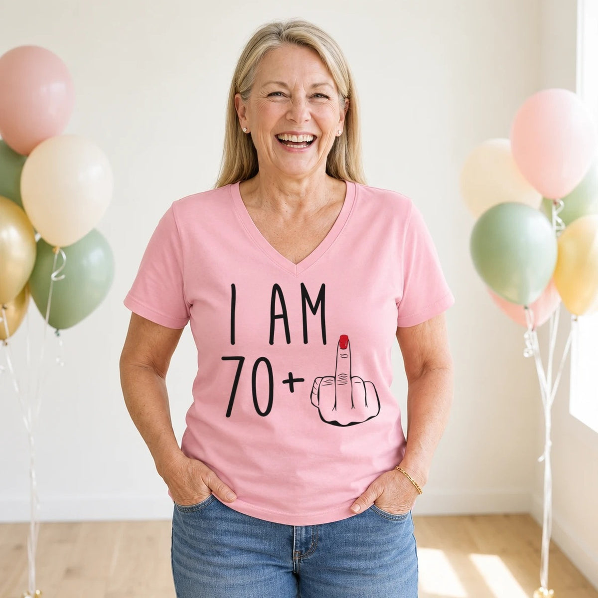I Am 70 + Middle Finger - Funny 71st Birthday T-Shirt for Women - Blush Pink V-Neck