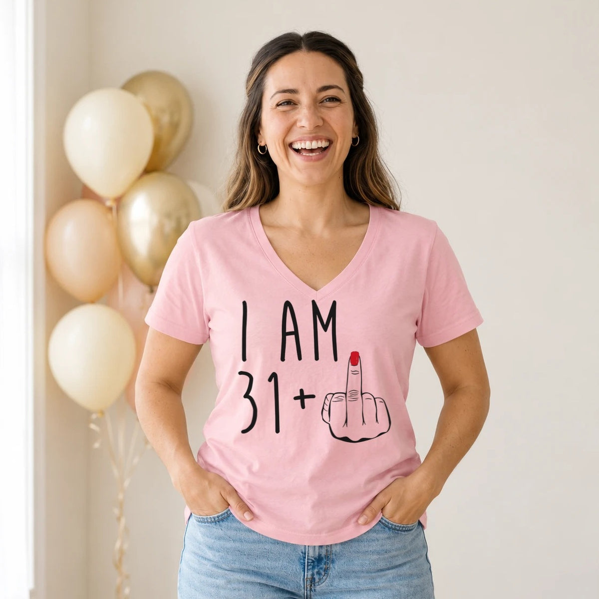 I Am 31 + Middle Finger - Funny 32nd Birthday T-Shirt for Women - Blush Pink V-Neck