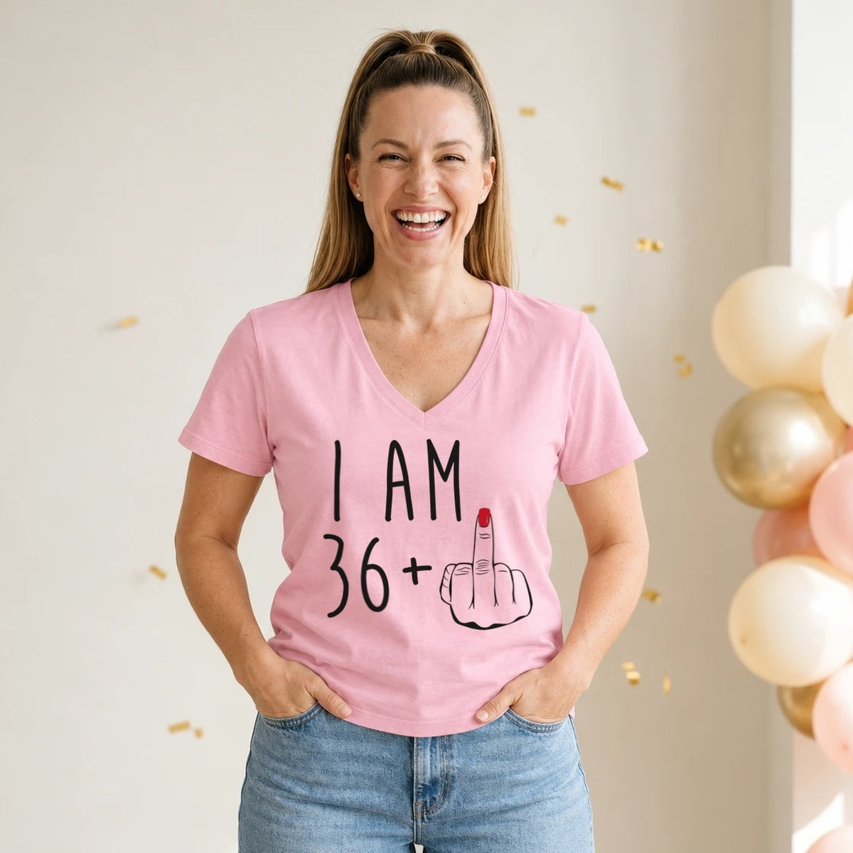 I Am 36 + Middle Finger - Funny 37th Birthday T-Shirt for Women - Blush Pink V-Neck
