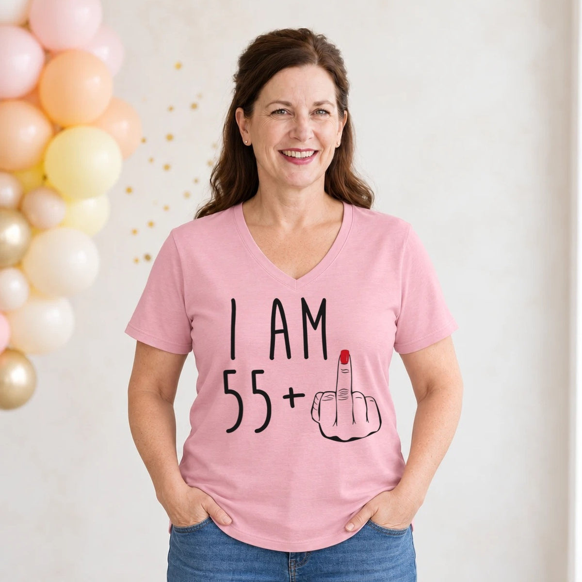 I Am 55 + Middle Finger - Funny 56th Birthday T-Shirt for Women - Blush Pink V-Neck