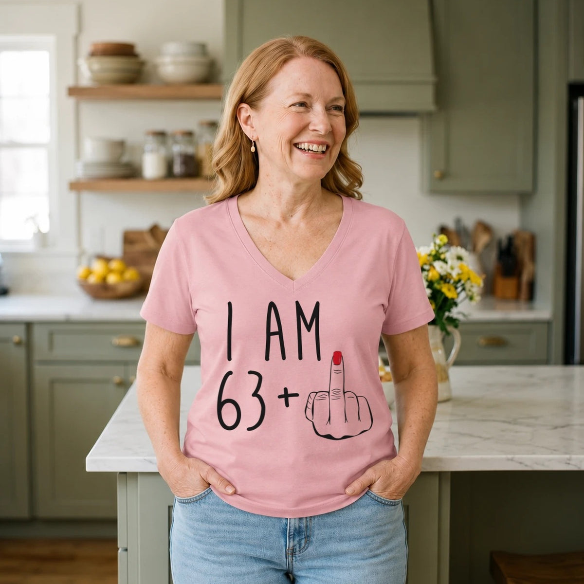 I Am 63 + Middle Finger - Funny 64th Birthday T-Shirt for Women - Blush Pink V-Neck