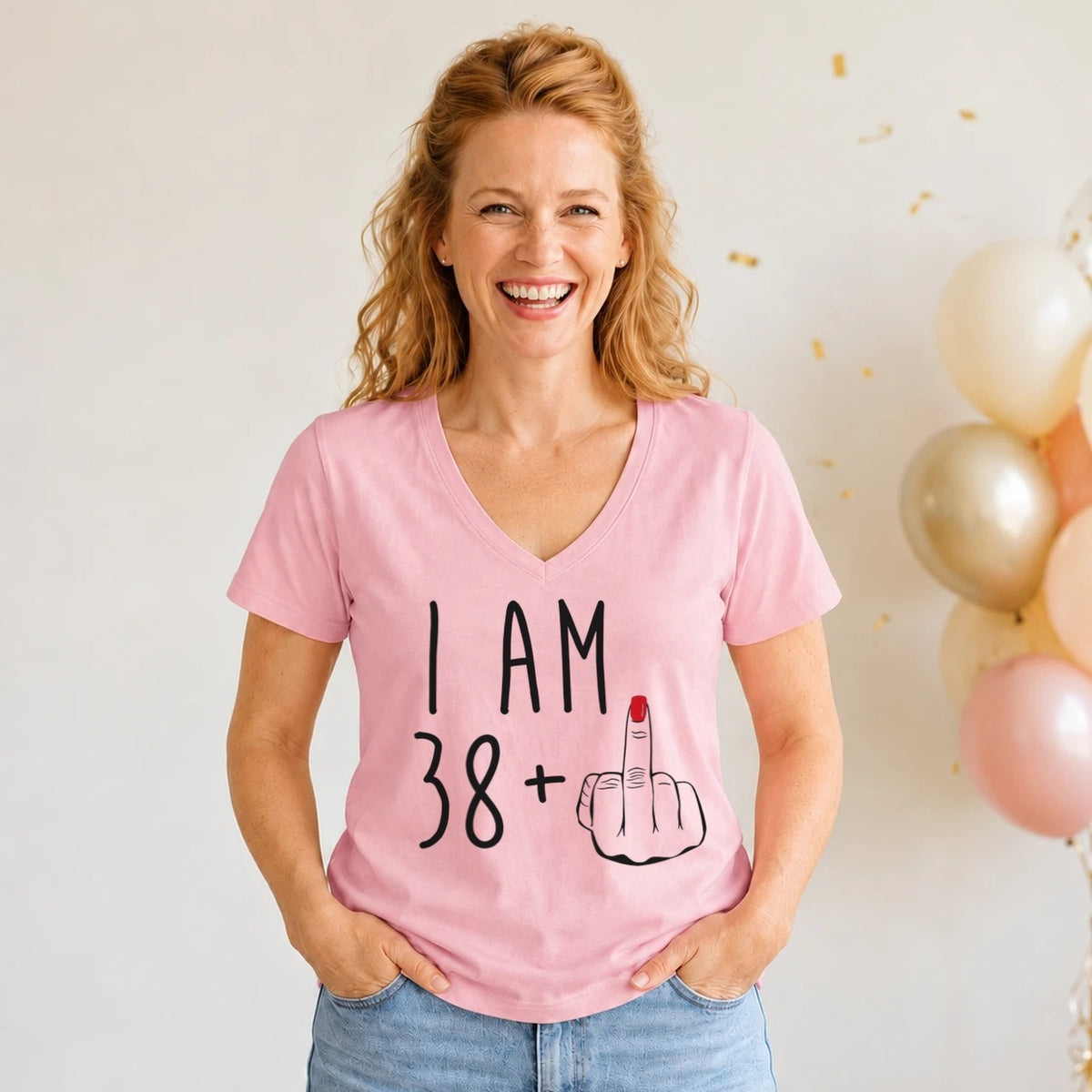 I Am 38 + Middle Finger - Funny 39th Birthday T-Shirt for Women - Blush Pink V-Neck