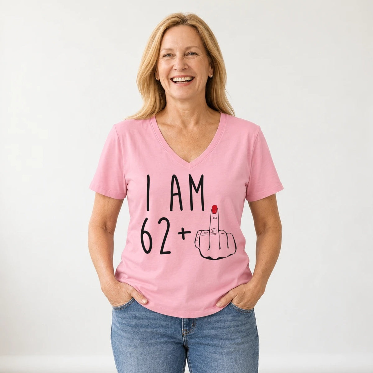 I Am 62 + Middle Finger - Funny 63rd Birthday T-Shirt for Women - Blush Pink V-Neck
