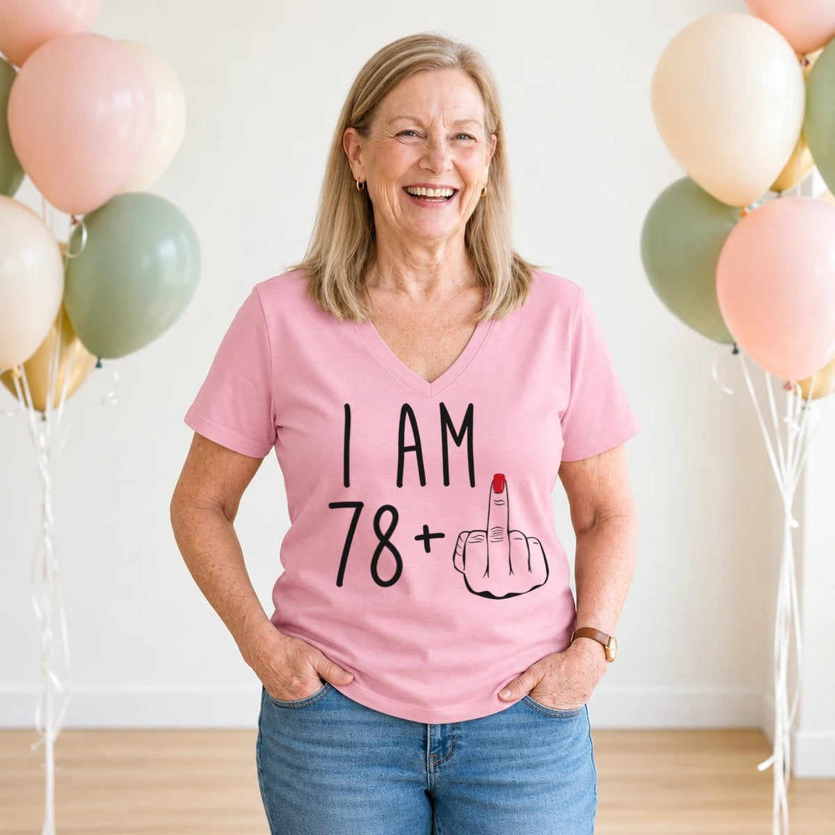 I Am 78 + Middle Finger - Funny 79th Birthday T-Shirt for Women - Blush Pink V-Neck