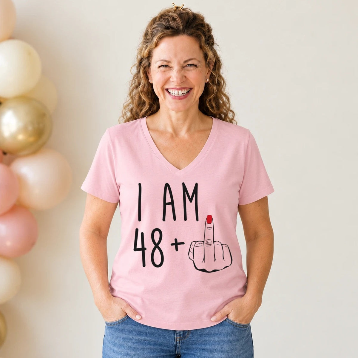 I Am 48 + Middle Finger - Funny 49th Birthday T-Shirt for Women - Blush Pink V-Neck