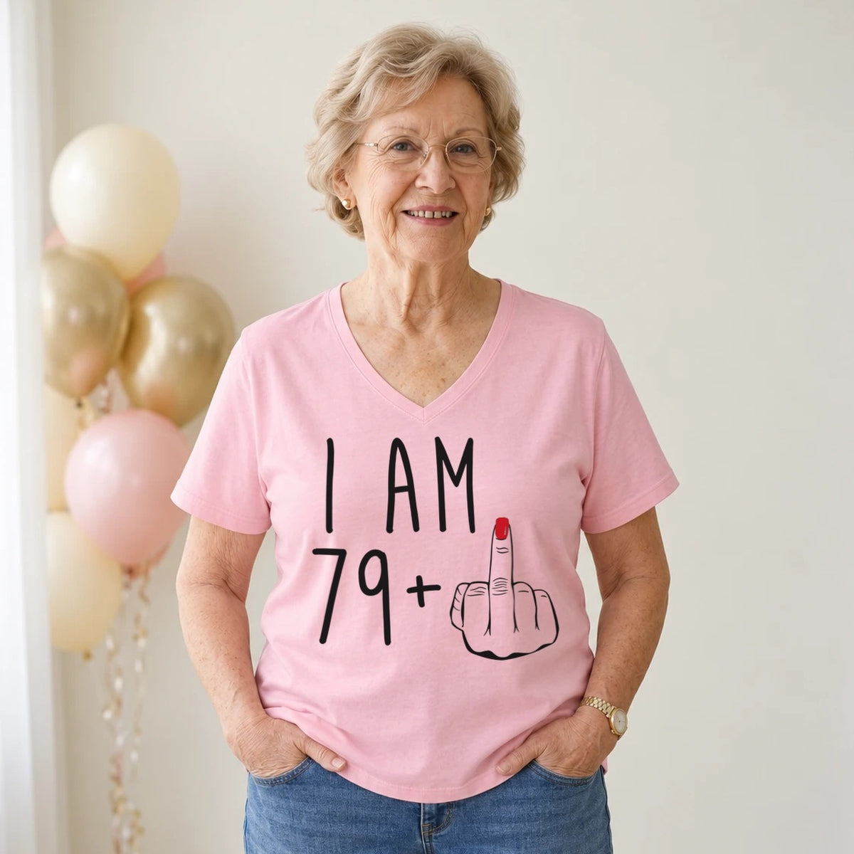 I Am 79 + Middle Finger - Funny 80th Birthday T-Shirt for Women - Blush Pink V-Neck