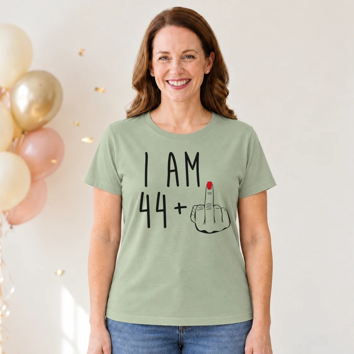 I Am 44 + Middle Finger - Funny 45th Birthday T-Shirt for Women - Sage Green Round Neck