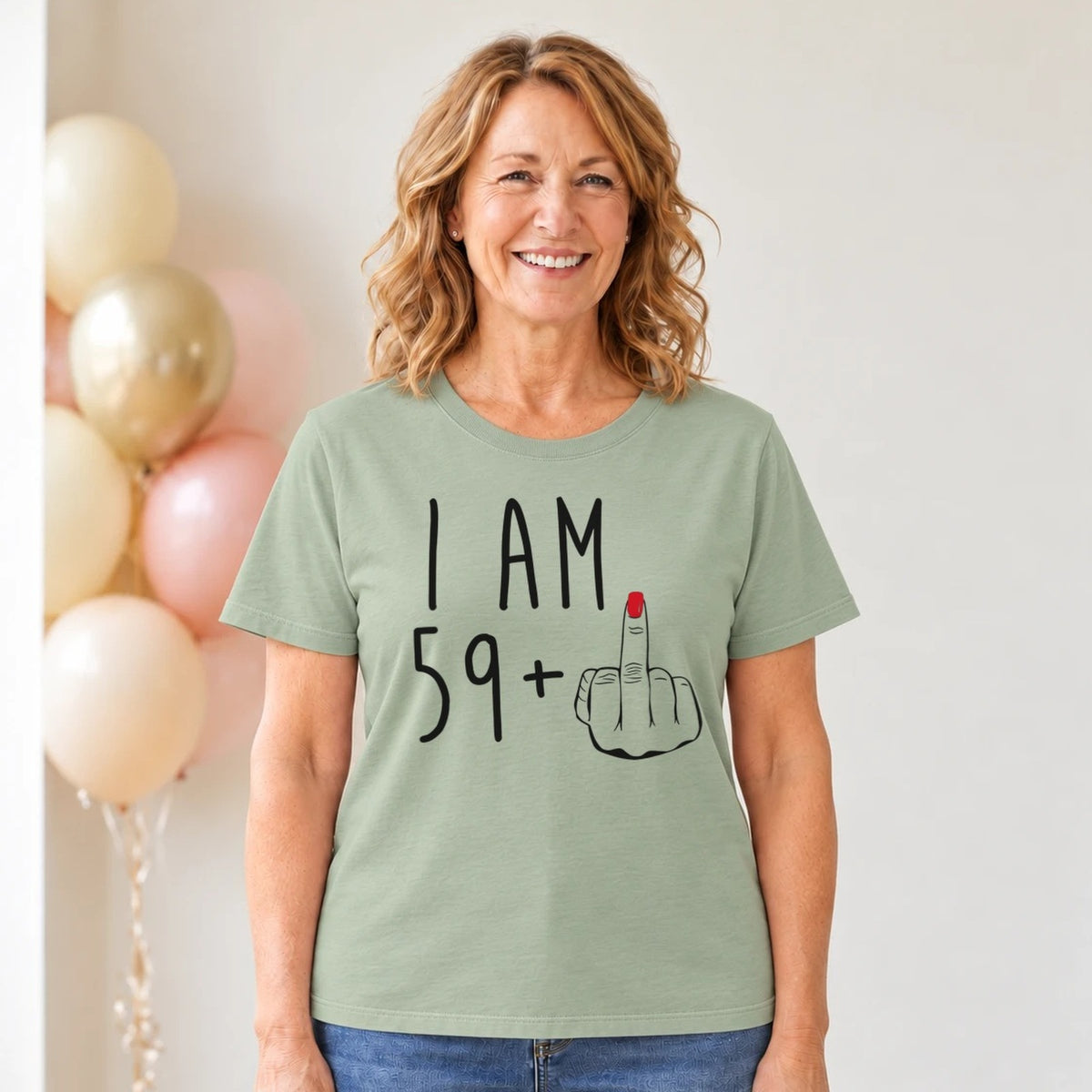 I Am 59 + Middle Finger - Funny 60th Birthday T-Shirt for Women - Sage Green Round Neck