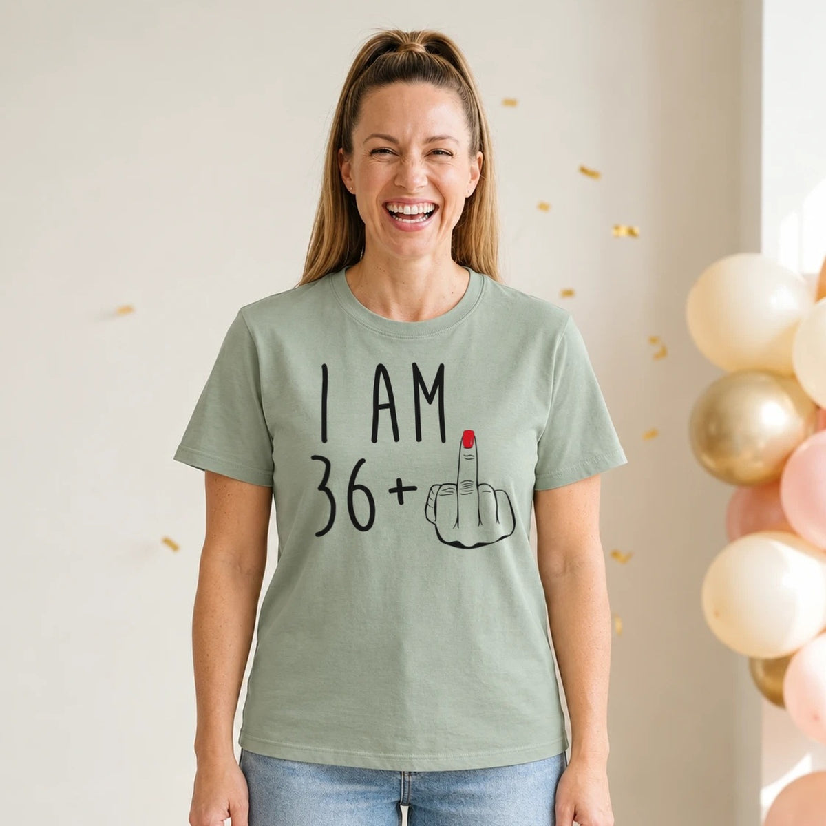 I Am 36 + Middle Finger - Funny 37th Birthday T-Shirt for Women - Sage Green Round Neck