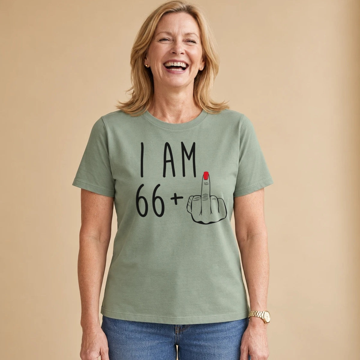 I Am 66 + Middle Finger - Funny 67th Birthday T-Shirt for Women - Sage Green Round Neck