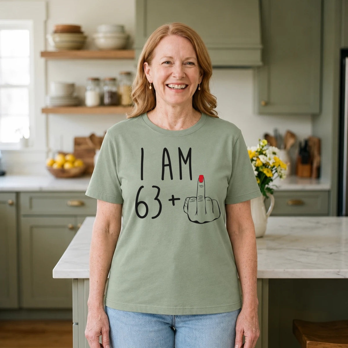 I Am 63 + Middle Finger - Funny 64th Birthday T-Shirt for Women - Sage Green Round Neck