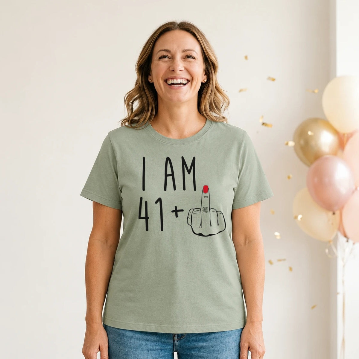 I Am 41 + Middle Finger - Funny 42nd Birthday T-Shirt for Women - Sage Green Round Neck