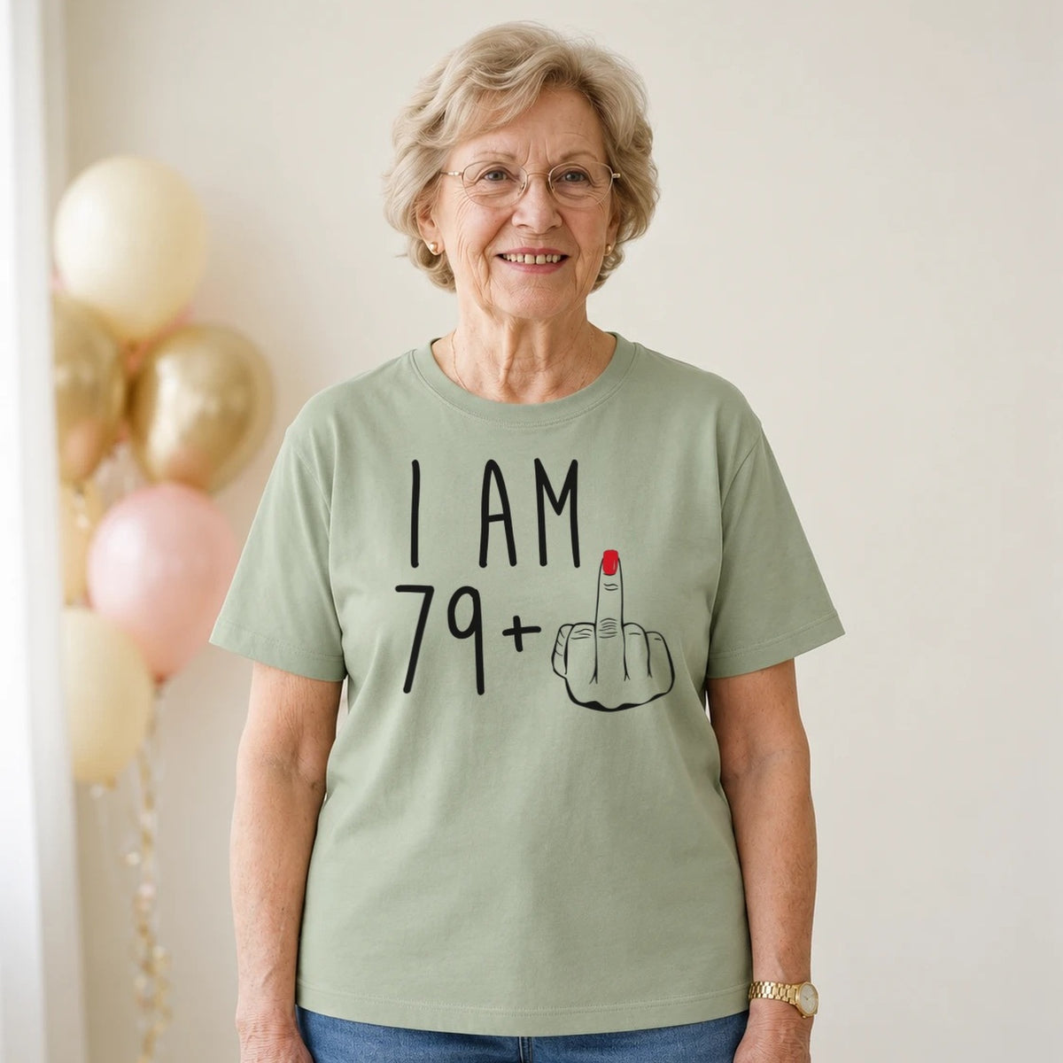 I Am 79 + Middle Finger - Funny 80th Birthday T-Shirt for Women - Sage Green Round Neck