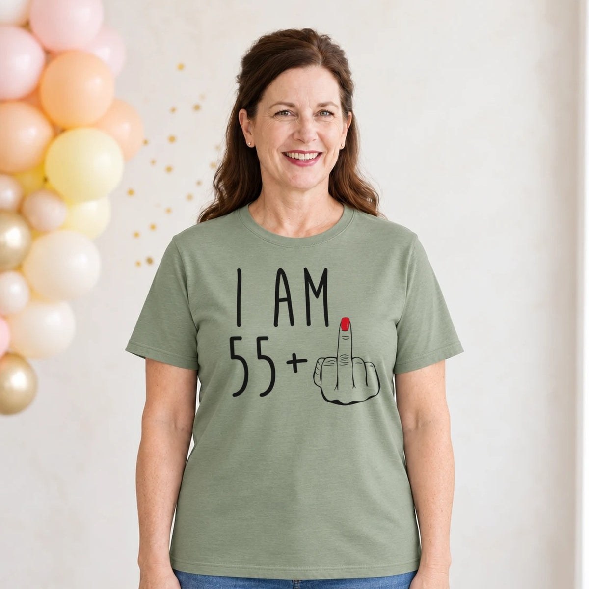 I Am 55 + Middle Finger - Funny 56th Birthday T-Shirt for Women - Sage Green Round Neck
