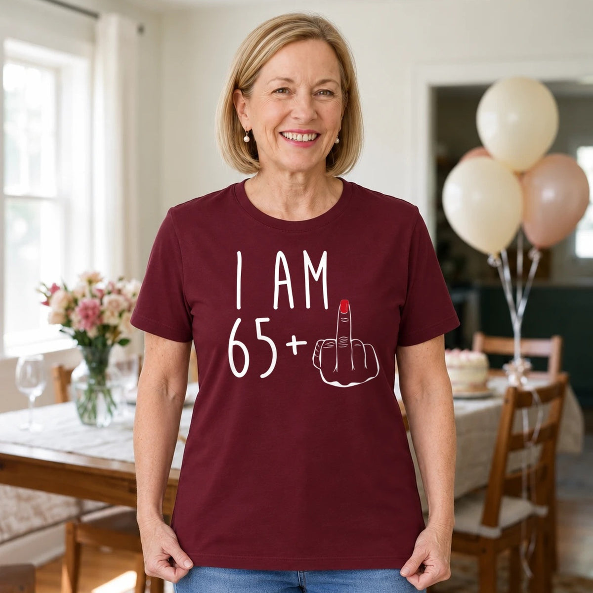 I Am 65 + Middle Finger - Funny 66th Birthday T-Shirt for Women - Burgundy Round Neck