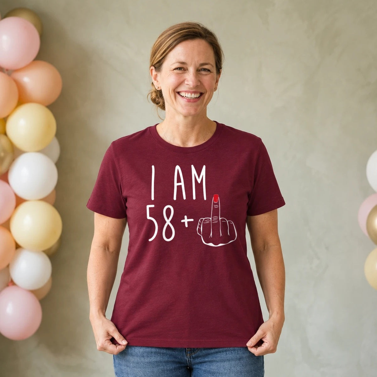 I Am 58 + Middle Finger - Funny 59th Birthday T-Shirt for Women - Burgundy Round Neck