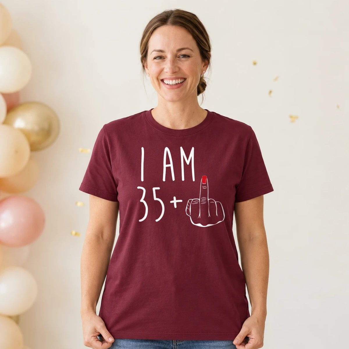 I Am 35 + Middle Finger - Funny 36th Birthday T-Shirt for Women - Burgundy Round Neck