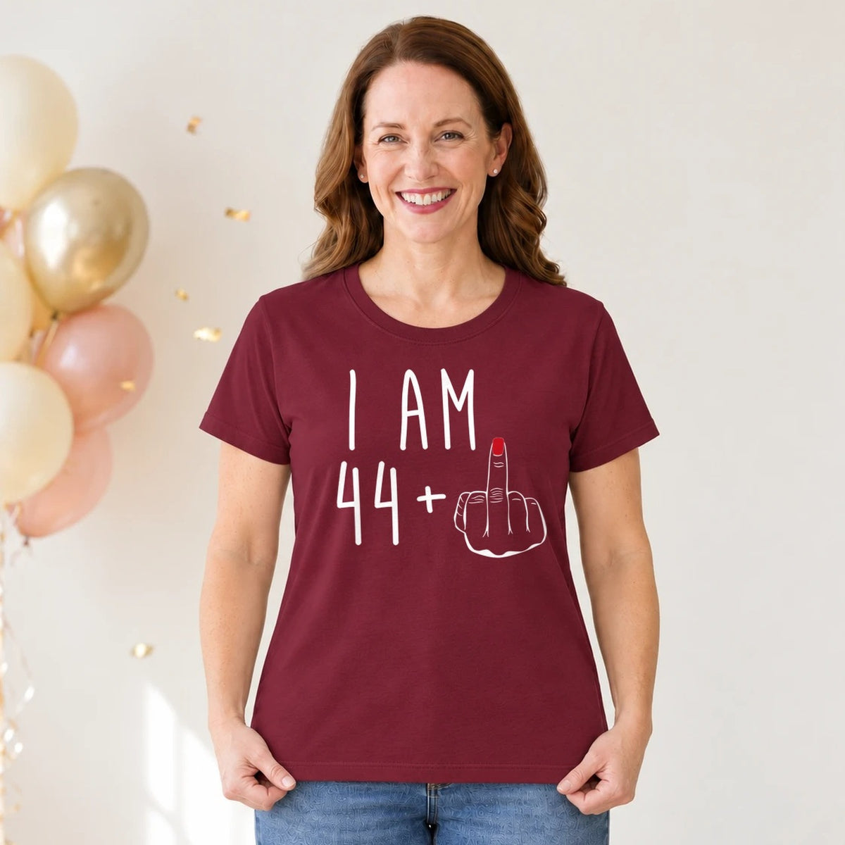 I Am 44 + Middle Finger - Funny 45th Birthday T-Shirt for Women - Burgundy Round Neck